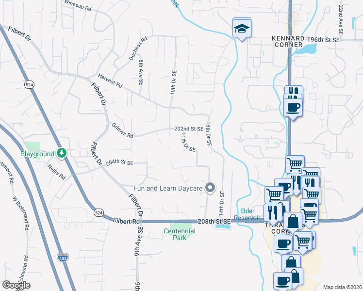 map of restaurants, bars, coffee shops, grocery stores, and more near 20304 11th Drive Southeast in Bothell