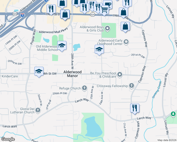 map of restaurants, bars, coffee shops, grocery stores, and more near 20318 25th Place West in Lynnwood
