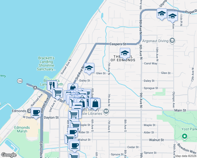 map of restaurants, bars, coffee shops, grocery stores, and more near 621 Daley Street in Edmonds