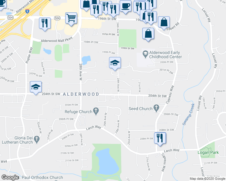 map of restaurants, bars, coffee shops, grocery stores, and more near 20325 24th Place West in Lynnwood