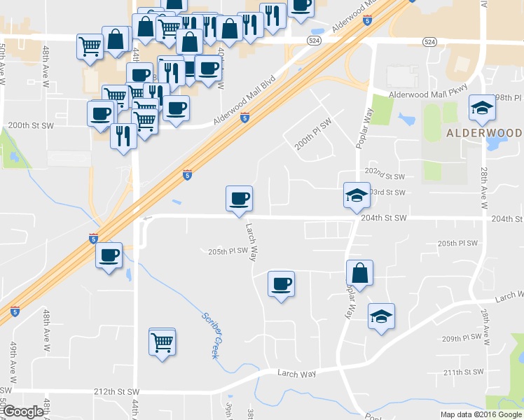 map of restaurants, bars, coffee shops, grocery stores, and more near 3803 204th Street Southwest in Lynnwood