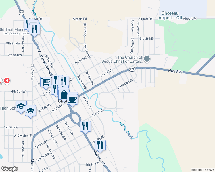 map of restaurants, bars, coffee shops, grocery stores, and more near 25 5th Lane Northwest in Choteau