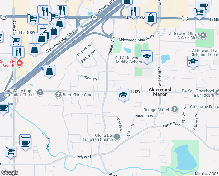 map of restaurants, bars, coffee shops, grocery stores, and more near 20322 33rd Avenue West in Lynnwood