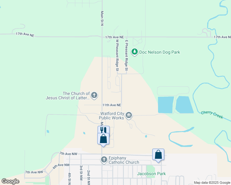 map of restaurants, bars, coffee shops, grocery stores, and more near 210 11th Avenue Northeast in Watford City