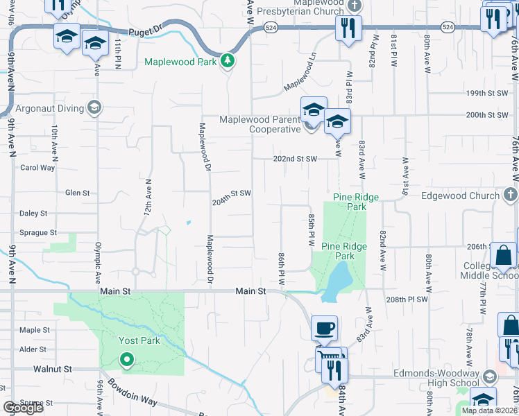 map of restaurants, bars, coffee shops, grocery stores, and more near 20417 88th Avenue West in Edmonds