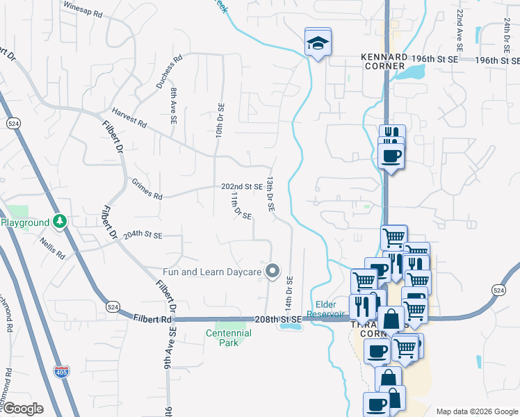 map of restaurants, bars, coffee shops, grocery stores, and more near 20232 13th Drive Southeast in Bothell