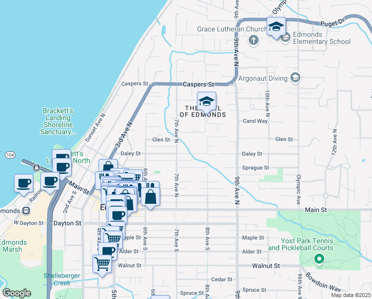 map of restaurants, bars, coffee shops, grocery stores, and more near 717 Daley St in Edmonds