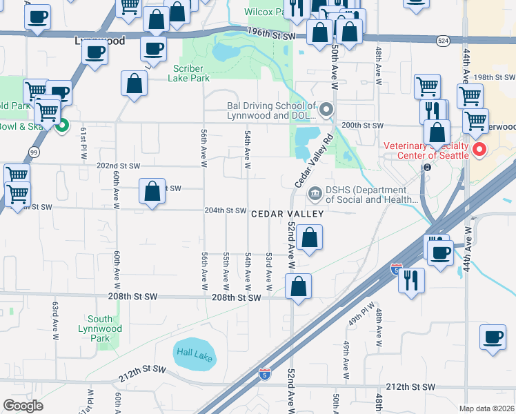 map of restaurants, bars, coffee shops, grocery stores, and more near 5327 204th Street Southwest in Lynnwood