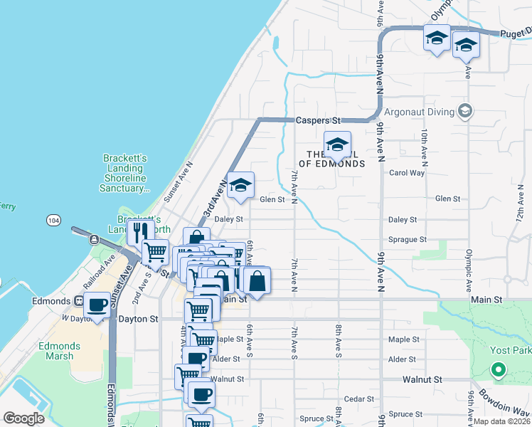 map of restaurants, bars, coffee shops, grocery stores, and more near 600 6th Avenue North in Edmonds