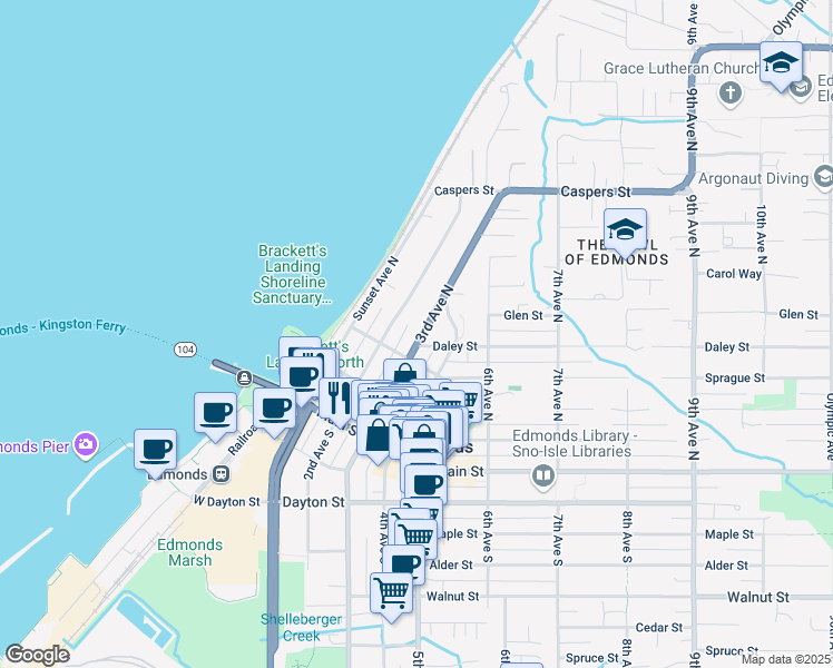 map of restaurants, bars, coffee shops, grocery stores, and more near 388 3rd Avenue North in Edmonds