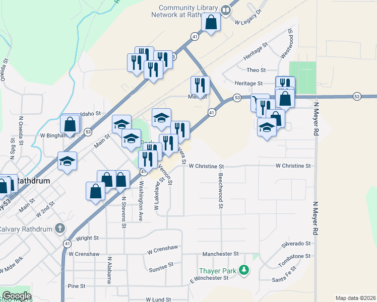 map of restaurants, bars, coffee shops, grocery stores, and more near 15546 Vera Street in Rathdrum
