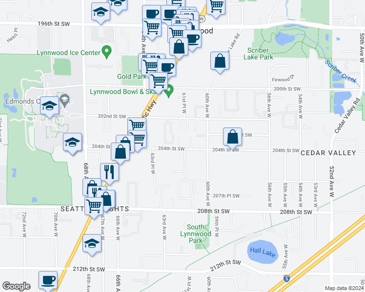 map of restaurants, bars, coffee shops, grocery stores, and more near 6111 204th Street Southwest in Lynnwood