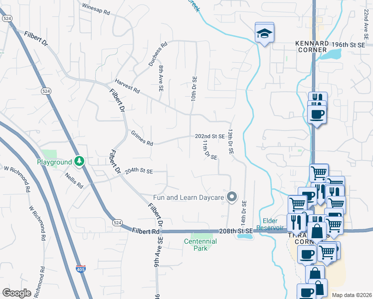 map of restaurants, bars, coffee shops, grocery stores, and more near 20226 10th Drive Southeast in Bothell