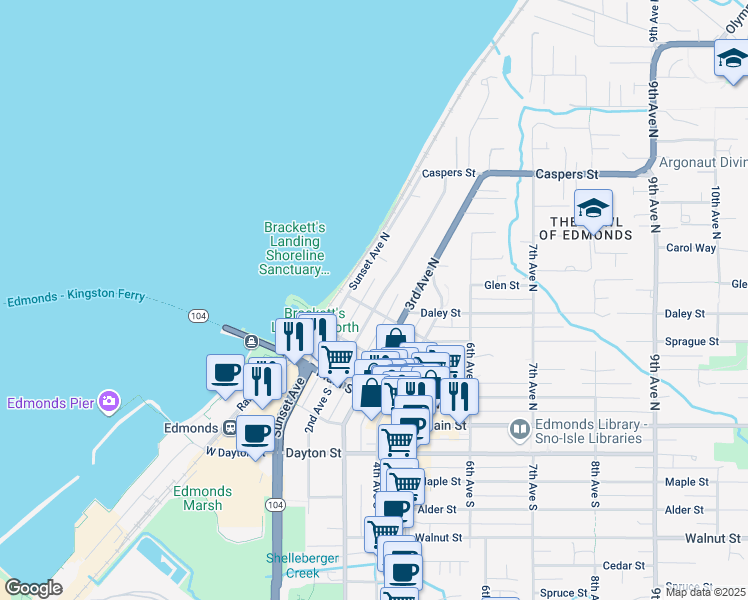 map of restaurants, bars, coffee shops, grocery stores, and more near 121 2nd Avenue North in Edmonds