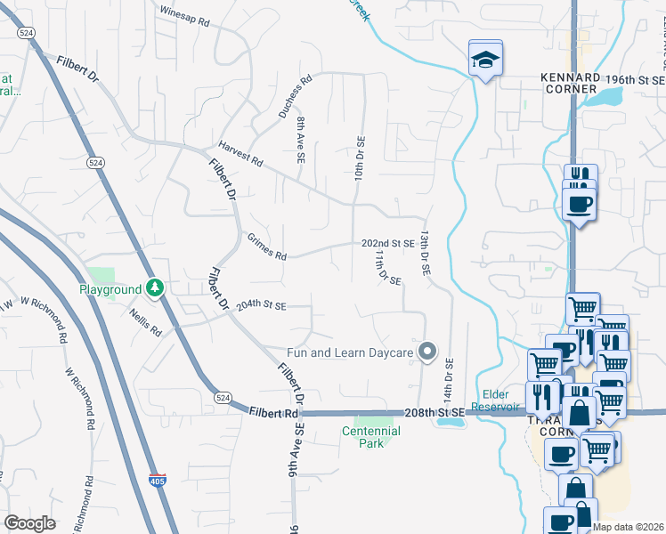 map of restaurants, bars, coffee shops, grocery stores, and more near 20226 10th Drive Southeast in Bothell