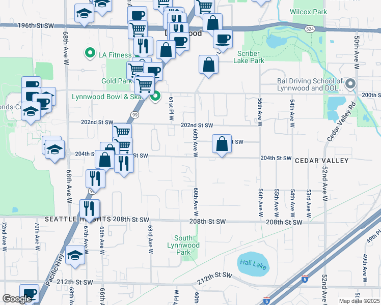 map of restaurants, bars, coffee shops, grocery stores, and more near 6001 204th Street Southwest in Lynnwood