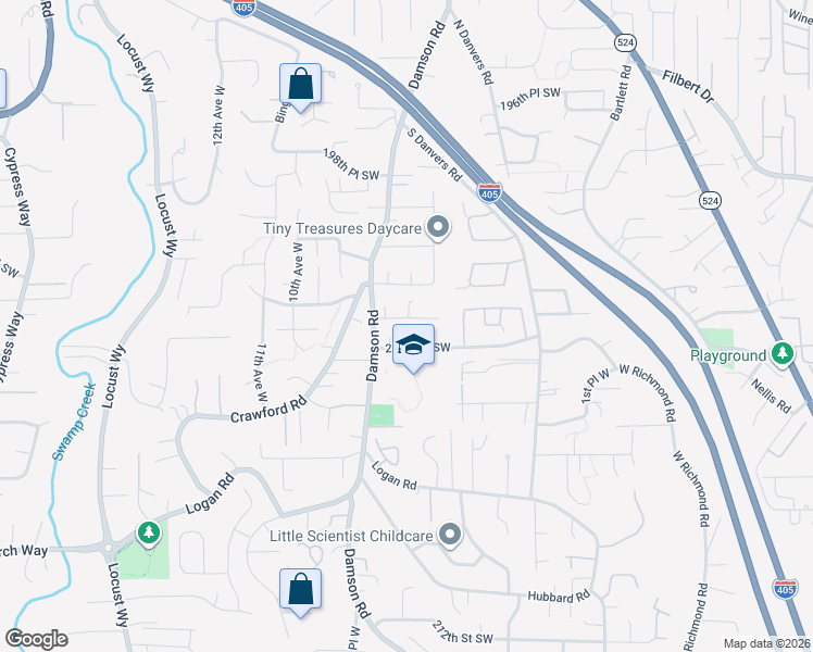 map of restaurants, bars, coffee shops, grocery stores, and more near 20308 7th Avenue West in Lynnwood