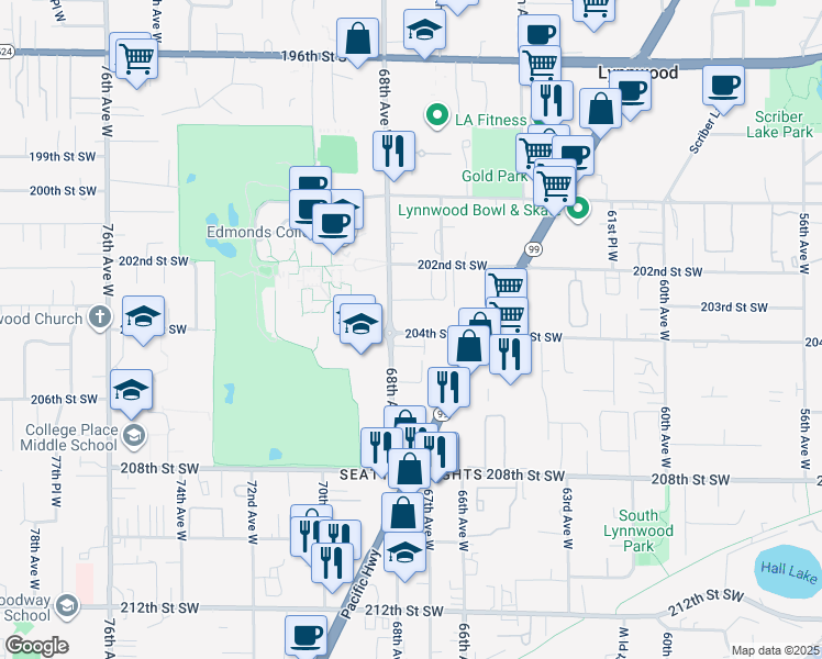 map of restaurants, bars, coffee shops, grocery stores, and more near 6625 204th Street Southwest in Lynnwood