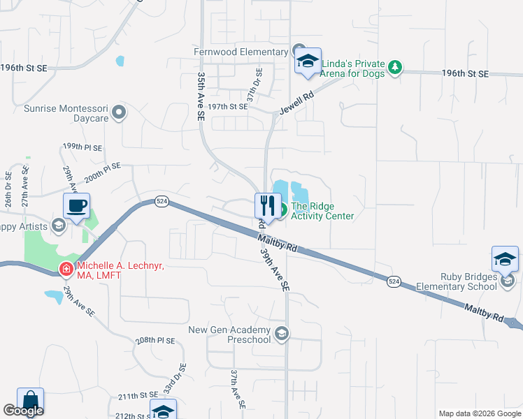 map of restaurants, bars, coffee shops, grocery stores, and more near 4118 Jewell Road in Bothell