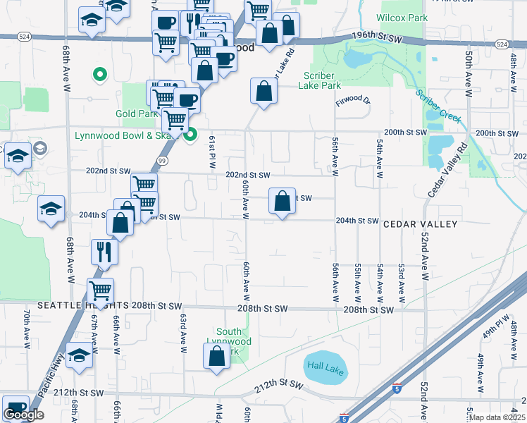 map of restaurants, bars, coffee shops, grocery stores, and more near 5909 204th Street Southwest in Lynnwood