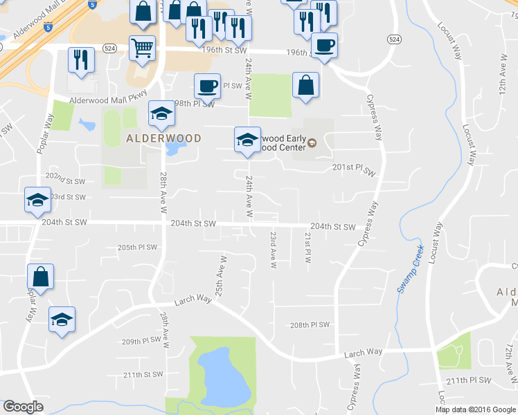 map of restaurants, bars, coffee shops, grocery stores, and more near 20305 24th Avenue West in Lynnwood