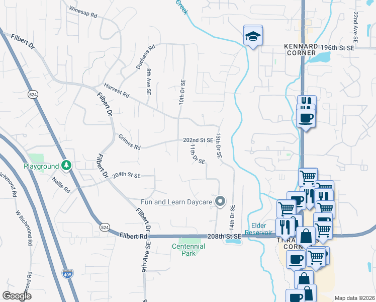 map of restaurants, bars, coffee shops, grocery stores, and more near 20304 11th Drive Southeast in Bothell