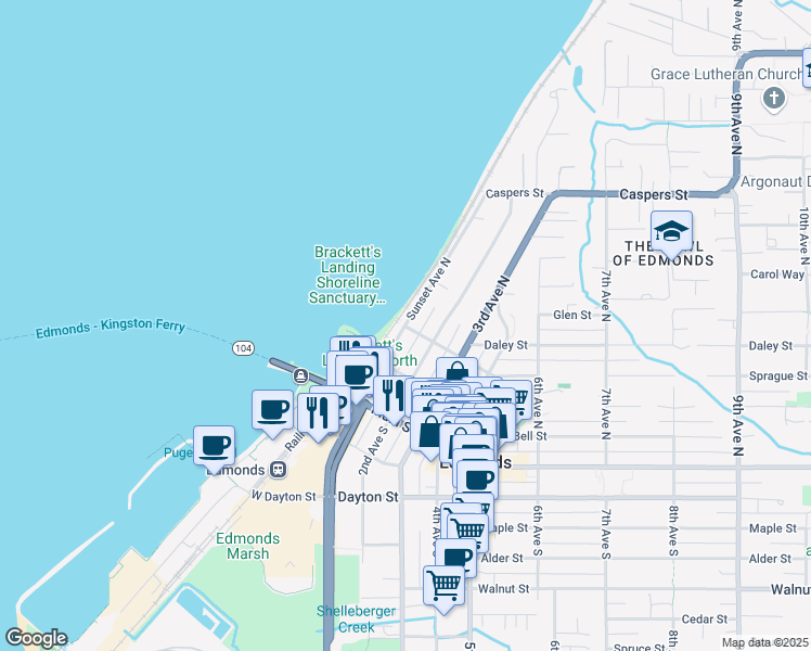 map of restaurants, bars, coffee shops, grocery stores, and more near 300 Sunset Avenue North in Edmonds
