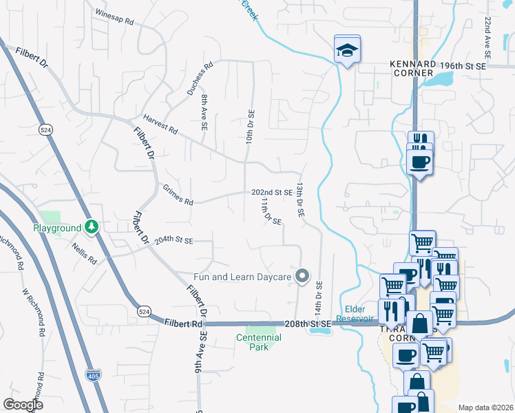 map of restaurants, bars, coffee shops, grocery stores, and more near 20304 11th Drive Southeast in Bothell
