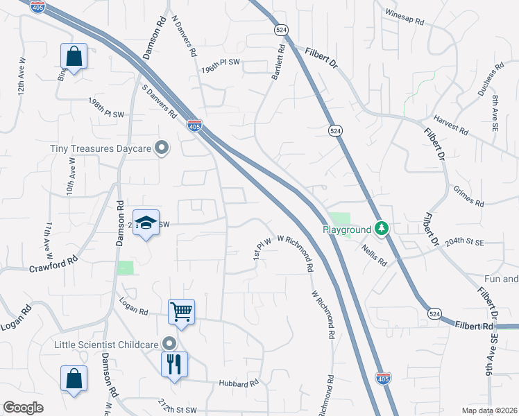 map of restaurants, bars, coffee shops, grocery stores, and more near 119 203rd Place Southwest in Lynnwood
