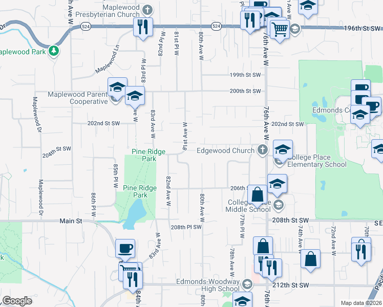 map of restaurants, bars, coffee shops, grocery stores, and more near 20410 80th Avenue West in Edmonds