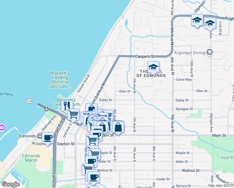 map of restaurants, bars, coffee shops, grocery stores, and more near 600 6th Avenue North in Edmonds