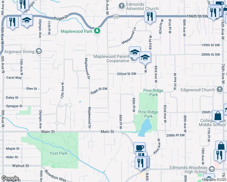 map of restaurants, bars, coffee shops, grocery stores, and more near 20330 87th Avenue West in Edmonds