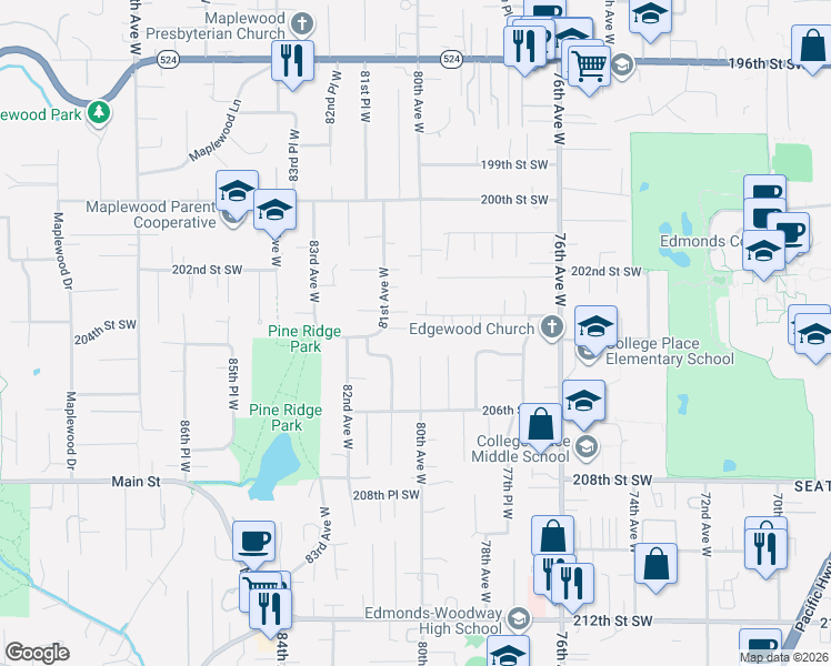 map of restaurants, bars, coffee shops, grocery stores, and more near 8004 203rd Place Southwest in Edmonds