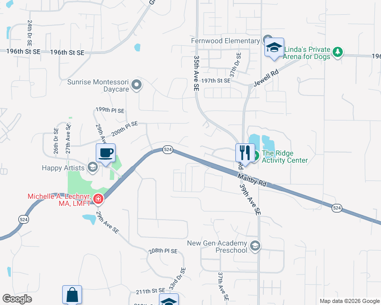 map of restaurants, bars, coffee shops, grocery stores, and more near 3418 201st Place Southeast in Bothell