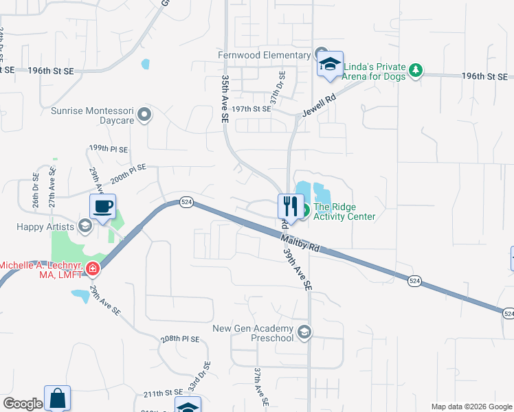 map of restaurants, bars, coffee shops, grocery stores, and more near 3624 202nd Place South East in Bothell