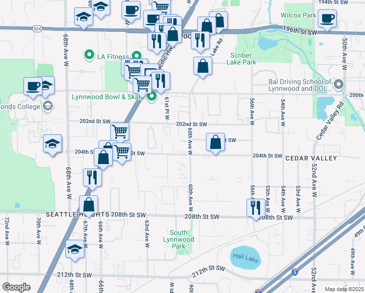 map of restaurants, bars, coffee shops, grocery stores, and more near 6001 204th Street Southwest in Lynnwood