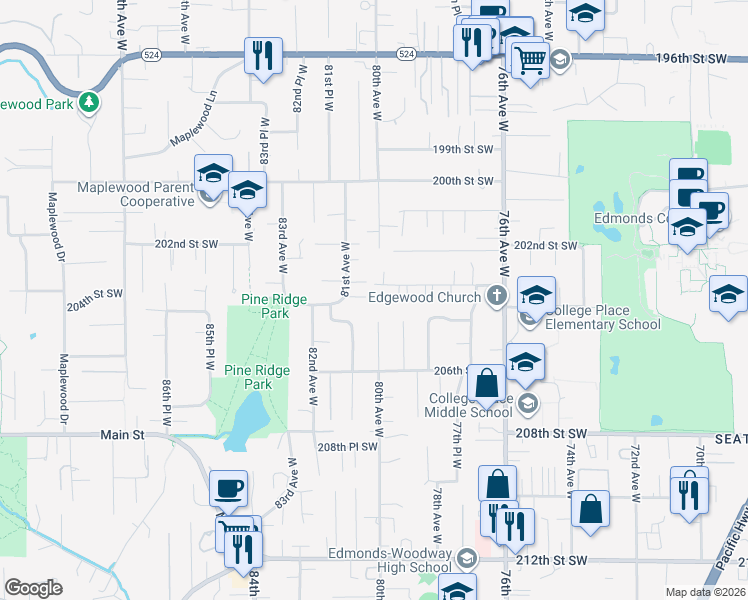 map of restaurants, bars, coffee shops, grocery stores, and more near 8004 203rd Place Southwest in Edmonds