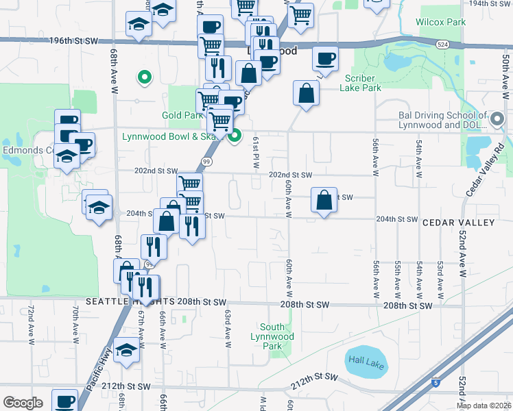 map of restaurants, bars, coffee shops, grocery stores, and more near 6115 204th Street Southwest in Lynnwood