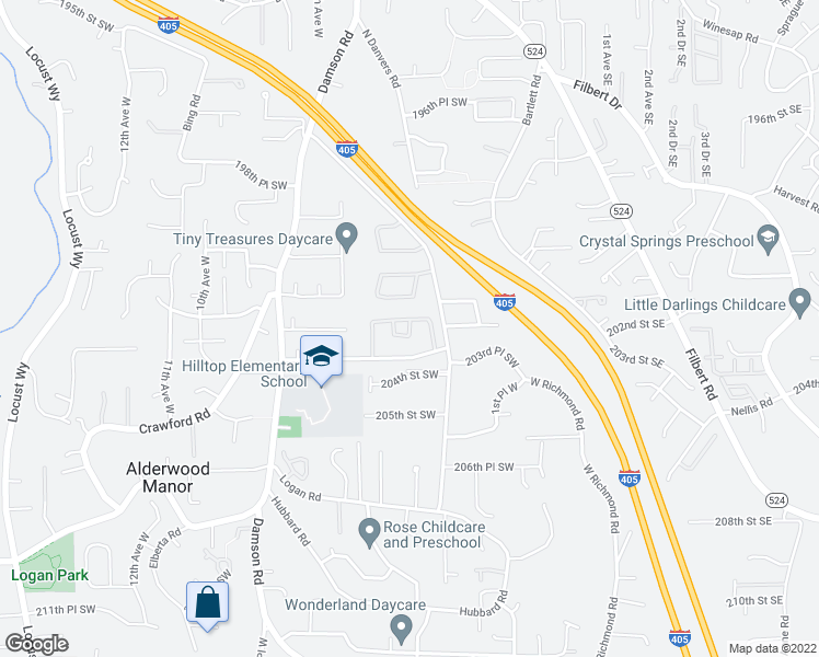 map of restaurants, bars, coffee shops, grocery stores, and more near 20231 4th Place West in Lynnwood
