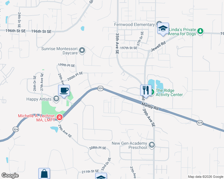 map of restaurants, bars, coffee shops, grocery stores, and more near 3418 201st Place Southeast in Bothell
