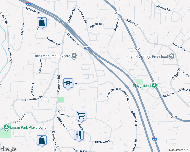 map of restaurants, bars, coffee shops, grocery stores, and more near 333 203rd Place Southwest in Lynnwood