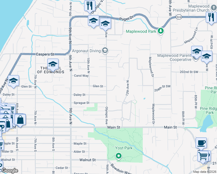 map of restaurants, bars, coffee shops, grocery stores, and more near 502 Olympic Avenue in Edmonds