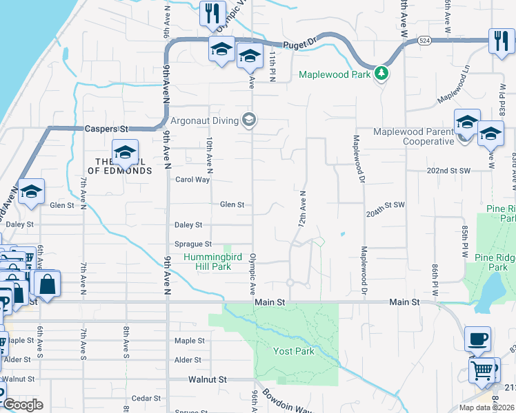 map of restaurants, bars, coffee shops, grocery stores, and more near 502 Olympic Avenue in Edmonds