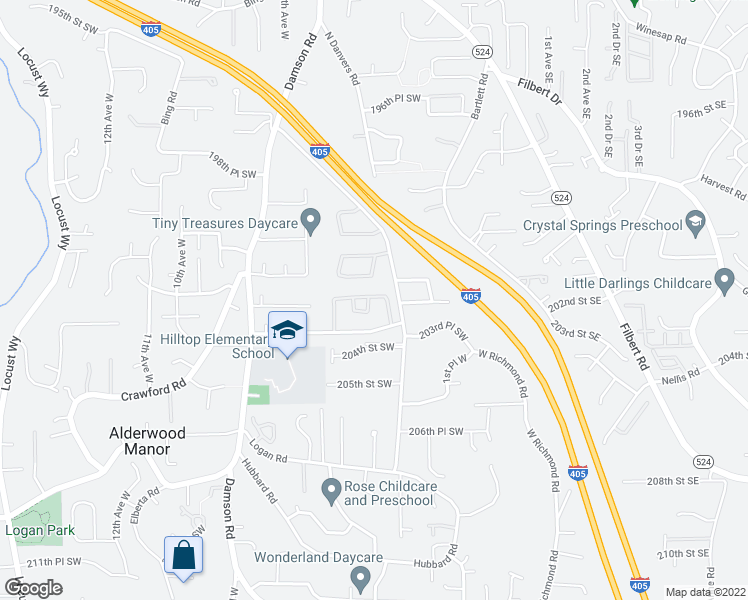 map of restaurants, bars, coffee shops, grocery stores, and more near 333 203rd Place Southwest in Lynnwood