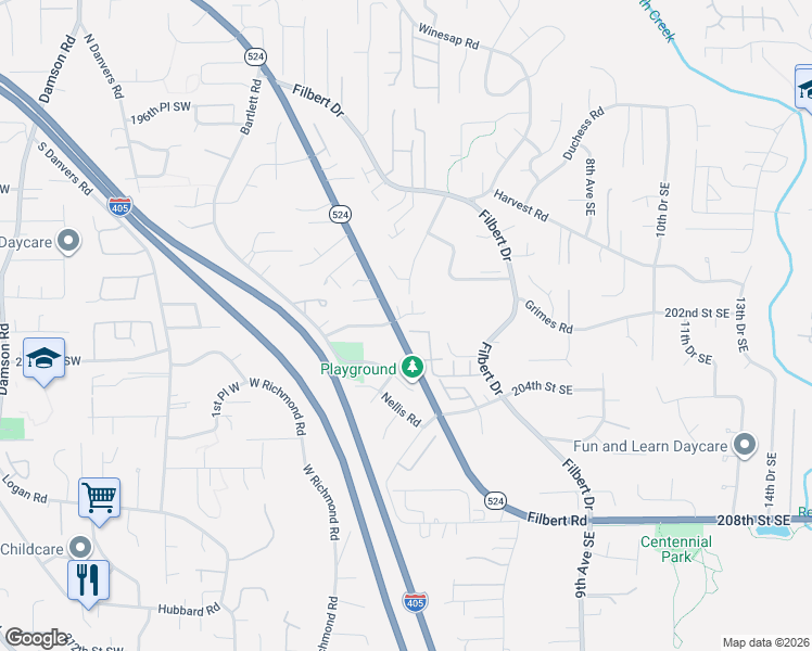 map of restaurants, bars, coffee shops, grocery stores, and more near 303 202nd Place Southeast in Bothell