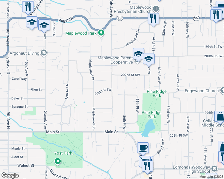 map of restaurants, bars, coffee shops, grocery stores, and more near 20417 88th Avenue West in Edmonds