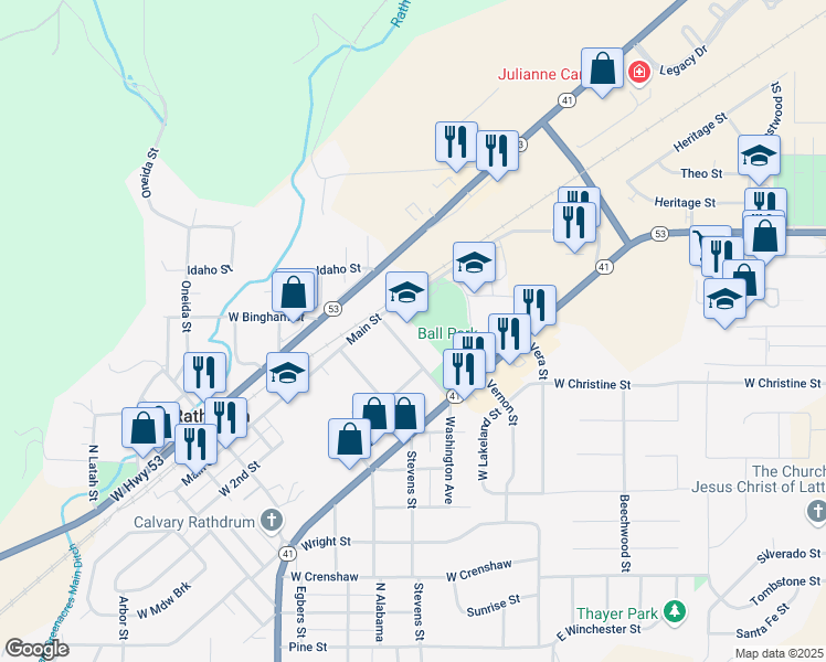 map of restaurants, bars, coffee shops, grocery stores, and more near 15574 Washington Avenue in Rathdrum