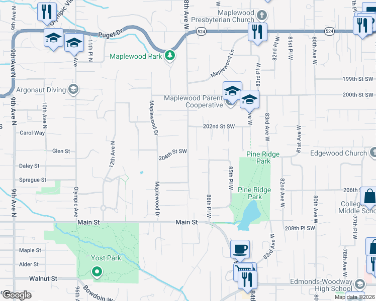 map of restaurants, bars, coffee shops, grocery stores, and more near 20417 88th Avenue West in Edmonds