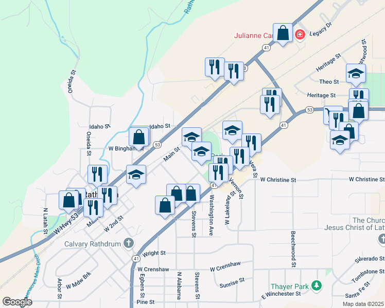 map of restaurants, bars, coffee shops, grocery stores, and more near 15574 Washington Avenue in Rathdrum