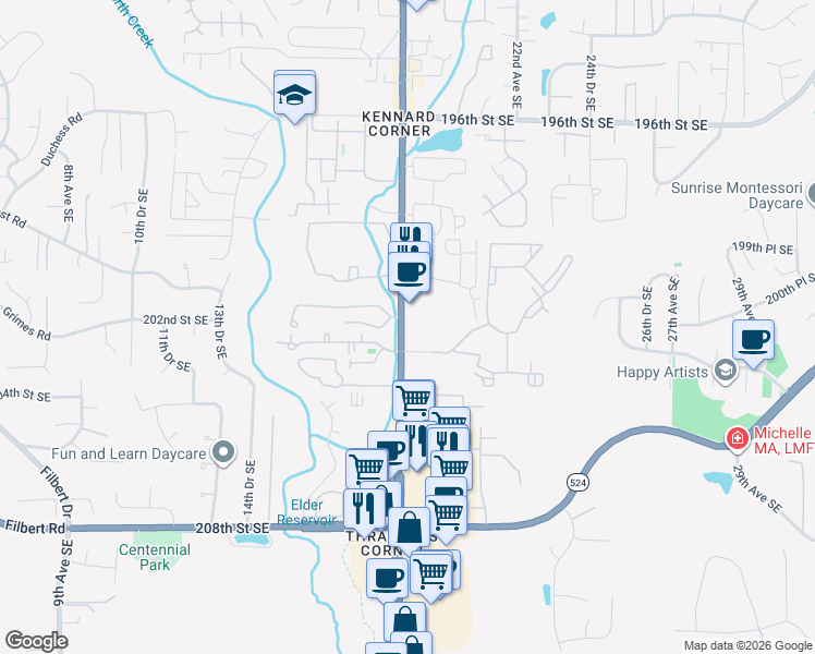 map of restaurants, bars, coffee shops, grocery stores, and more near 19928 Bothell Everett Highway in Bothell
